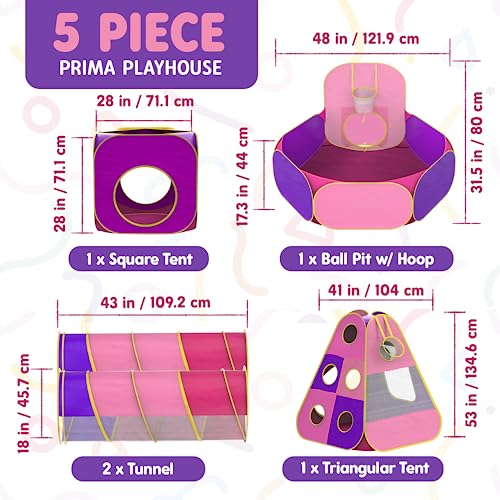Playz 5pc Children's Playhouse Popup Tents, Tunnels, and Basketball Hoop for Girls, Boys, Babies, Kids and Toddlers with Zipper Storage Case for Indoor & Outdoor Use (Yellow, Pink, Purple)