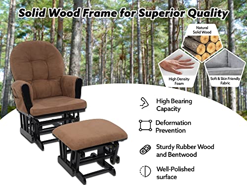 Nursery Glider & Ottoman Sets, Reclining Swivel Glider Rocker with Ottoman, Nursery Rocking Chair for Baby Room, Upholstered Nursery Recliner Glider with Ottoman, Padded Arms - Black, Chocolate