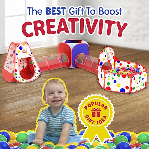 Playz 5-Piece Kids Play Tents Crawl Tunnels and Ball Pit Popup Bounce Playhouse Tent with Basketball Hoop for Indoor and Outdoor Use with Red Carrying Case