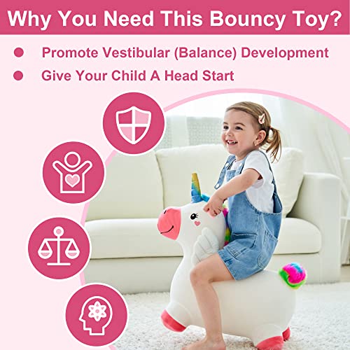 iPlay, iLearn Unicorn Bouncy Horse Plush, Outdoors n Indoors Ride On Hopping Animal Toys, Inflatable Hopper, Unique Activity Riding Gifts for 18 Months, 2, 3, 4, Year Olds Kids Toddlers Girl ?W/ Pump?