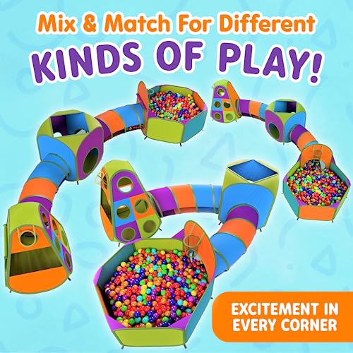Playz 5-Piece Kids Pop up Play Tent Crawl Tunnel and Ball Pit with Basketball Hoop Playhouse for Boys, Girls, Babies, and Toddlers (Purple, Orange, Yellow, Red, Blue)