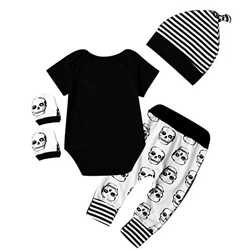 4pcs Newborn Baby Boys Girls Skull Romper+Pants+Hat+Mitten Halloween Outfit Set (0-6 Months, Black+White)