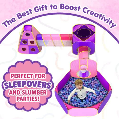 Playz 5pc Children's Playhouse Popup Tents, Tunnels, and Basketball Hoop for Girls, Boys, Babies, Kids and Toddlers with Zipper Storage Case for Indoor & Outdoor Use (Yellow, Pink, Purple)