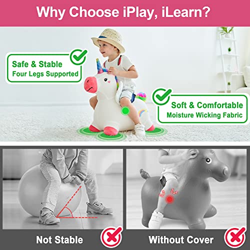 iPlay, iLearn Unicorn Bouncy Horse Plush, Outdoors n Indoors Ride On Hopping Animal Toys, Inflatable Hopper, Unique Activity Riding Gifts for 18 Months, 2, 3, 4, Year Olds Kids Toddlers Girl ?W/ Pump?