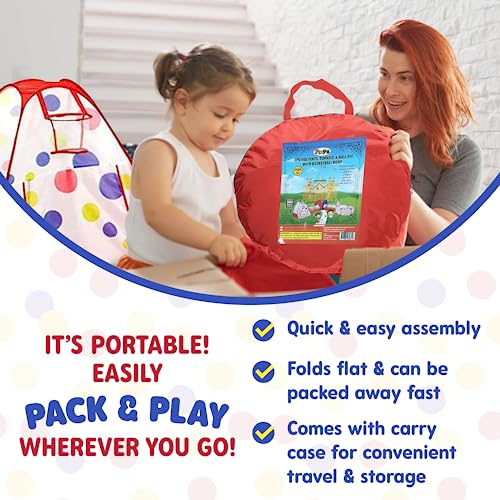 Playz 5-Piece Kids Play Tents Crawl Tunnels and Ball Pit Popup Bounce Playhouse Tent with Basketball Hoop for Indoor and Outdoor Use with Red Carrying Case