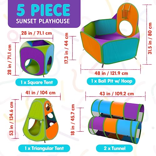 Playz 5-Piece Kids Pop up Play Tent Crawl Tunnel and Ball Pit with Basketball Hoop Playhouse for Boys, Girls, Babies, and Toddlers (Purple, Orange, Yellow, Red, Blue)