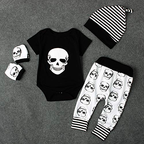 4pcs Newborn Baby Boys Girls Skull Romper+Pants+Hat+Mitten Halloween Outfit Set (0-6 Months, Black+White)