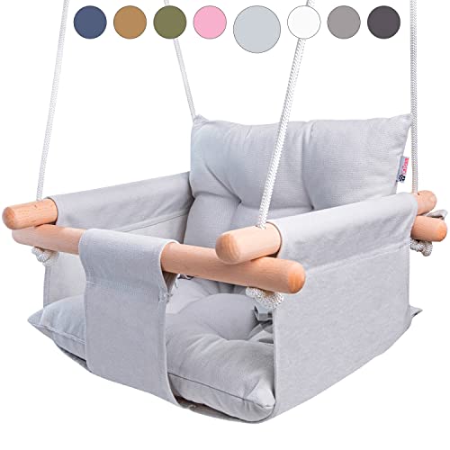 Canvas Baby Swing by Cateam - Grey - Wooden Hanging Swing Seat Chair for Baby with Safety Belt and mounting Hardware. Baby Hammock Chair Birthday Gift.