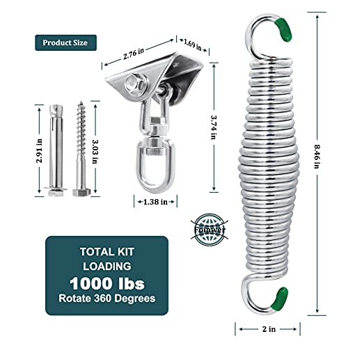 2 Pack Stainless Steel Porch Swing Spring Hanging Kit, Heavy Duty Spring Hangers for Porch Swing Load 1000 lb, can 360 Rotating, Used for Hammocks, Swing Chair, Porch Swing, Sandbags, Yoga, etc.