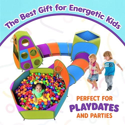 Playz 5-Piece Kids Pop up Play Tent Crawl Tunnel and Ball Pit with Basketball Hoop Playhouse for Boys, Girls, Babies, and Toddlers (Purple, Orange, Yellow, Red, Blue)