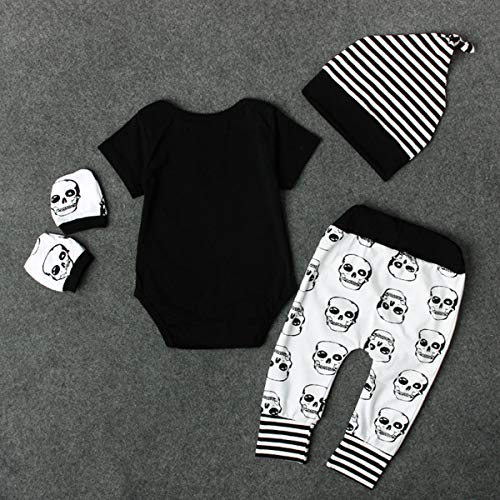 4pcs Newborn Baby Boys Girls Skull Romper+Pants+Hat+Mitten Halloween Outfit Set (0-6 Months, Black+White)