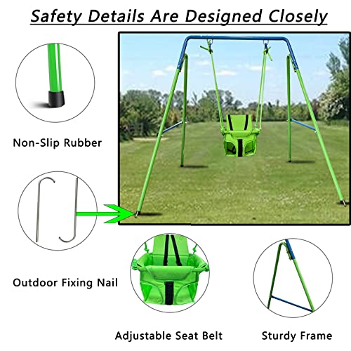 Hisecome Toddler Swing Set, Heavy Duty Swing for Baby with Safety Belt Seat & Folding Metal Stand, Infant Swing Set for Backyard Indoor Outdoor Play, Swing for Toddlers Age 12-36 Months