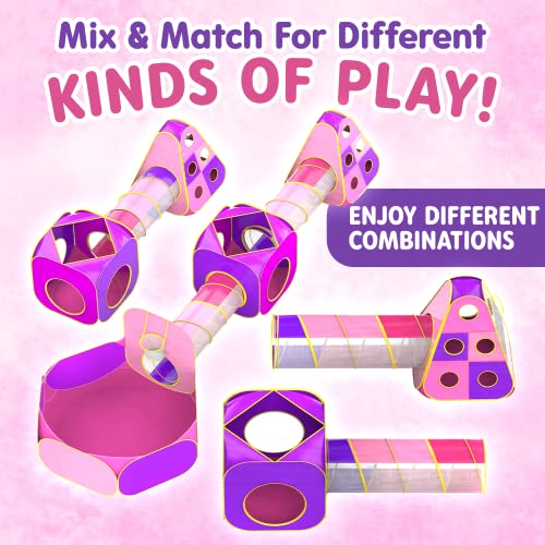 Playz 5pc Children's Playhouse Popup Tents, Tunnels, and Basketball Hoop for Girls, Boys, Babies, Kids and Toddlers with Zipper Storage Case for Indoor & Outdoor Use (Yellow, Pink, Purple)