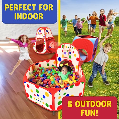 Playz 5-Piece Kids Play Tents Crawl Tunnels and Ball Pit Popup Bounce Playhouse Tent with Basketball Hoop for Indoor and Outdoor Use with Red Carrying Case