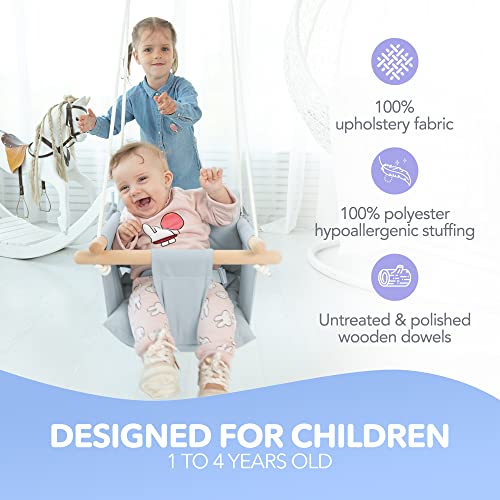Canvas Baby Swing by Cateam - Grey - Wooden Hanging Swing Seat Chair for Baby with Safety Belt and mounting Hardware. Baby Hammock Chair Birthday Gift.
