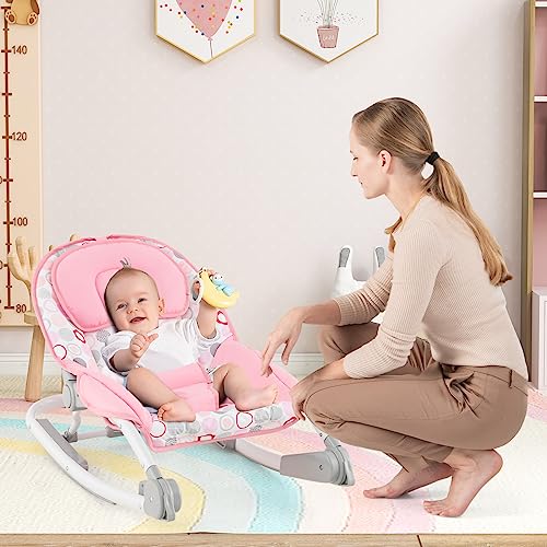 BABY JOY Baby Bouncers for Infants, 2 in 1 Foldable Toddler Bouncy Seat w/Rocker & Stationary Modes, 3-Position Adjustable Backrest, Removable Toy Bar, Portable Bouncer for Babies 0-6 Months (Pink)