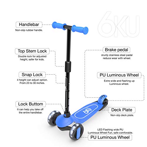 6KU 3 Wheels Kick Scooter for Kids and Toddlers Girls & Boys, Adjustable Height, Learn to Steer with Extra-Wide PU LED Flashing Wheels for Children from 2 to 5 Year-Old. (Blue)