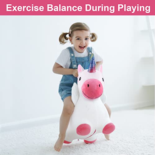 iPlay, iLearn Unicorn Bouncy Horse Plush, Outdoors n Indoors Ride On Hopping Animal Toys, Inflatable Hopper, Unique Activity Riding Gifts for 18 Months, 2, 3, 4, Year Olds Kids Toddlers Girl ?W/ Pump?