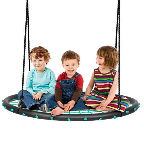 Costzon 40'' Spider Web Tree Swing Set, Kids Outdoor Round Net Swing Platform Rope Swing with Adjustable Hanging Ropes and Durable Steel Frame, Great for Park Backyard (40'', Web Swing, Green)