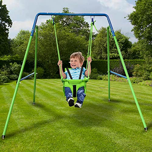 Hisecome Toddler Swing Set, Heavy Duty Swing for Baby with Safety Belt Seat & Folding Metal Stand, Infant Swing Set for Backyard Indoor Outdoor Play, Swing for Toddlers Age 12-36 Months