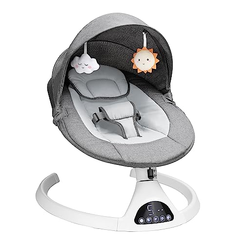 T TICCI Baby Swings for Infants, 5 Speed Bluetooth Baby Bouncer, Motorized Bluetooth Swing, Built-in 3 Timer Settings, Music Speaker, Remote Control, Gray, 0-6 Months (Gray)