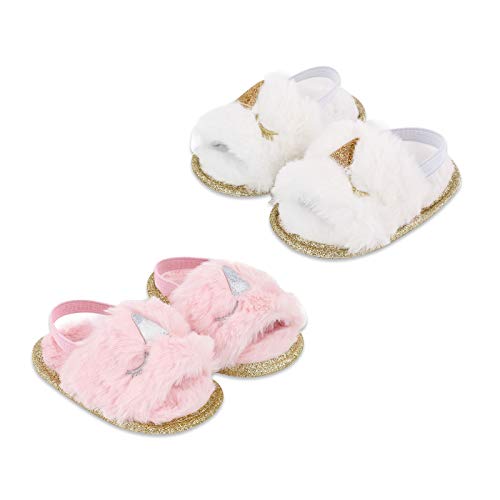Yinbwol Infant Baby Girls Sandals Elastic Back Strap Flats Slippers Soft Toddles Princess Shoes Faux Fur Slides Shoes First Walker House Shoes (White Unicorn+Pink Unicorn, 3_Months)