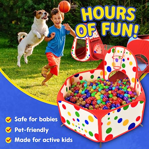 Playz 5-Piece Kids Play Tents Crawl Tunnels and Ball Pit Popup Bounce Playhouse Tent with Basketball Hoop for Indoor and Outdoor Use with Red Carrying Case