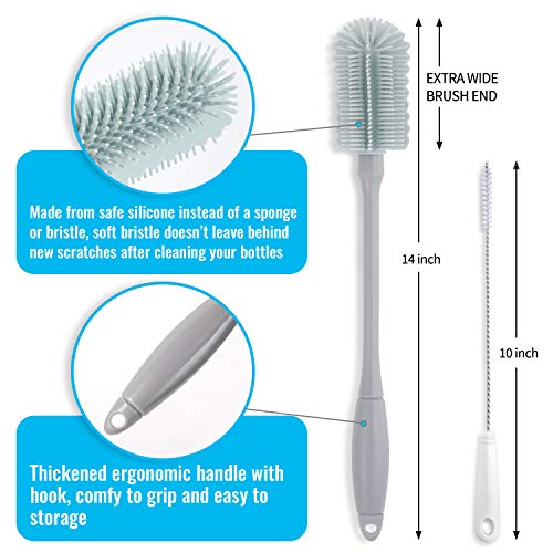 14 Silicone Bottle Brush - Cleaning Set for Sports Water Bottle, Baby Bottles, Tumbler, Drinking Glasses, Vase, Bottle Cleaner Compatible with Thermos Hydro Flask Contigo S'well Simple Modern, etc.