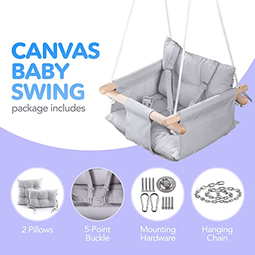 Canvas Baby Swing by Cateam - Grey - Wooden Hanging Swing Seat Chair for Baby with Safety Belt and mounting Hardware. Baby Hammock Chair Birthday Gift.