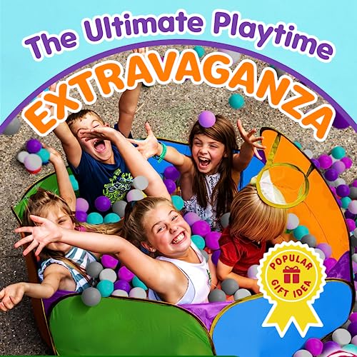 Playz 5-Piece Kids Pop up Play Tent Crawl Tunnel and Ball Pit with Basketball Hoop Playhouse for Boys, Girls, Babies, and Toddlers (Purple, Orange, Yellow, Red, Blue)