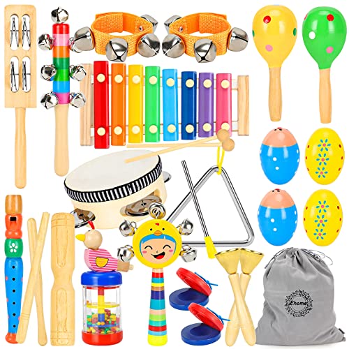 Toddler Musical Instruments Ehome 15 Types 22pcs Wooden Percussion Instruments Toy for Kids Preschool Educational, Musical Toys Set for Boys and Girls with Storage Bag