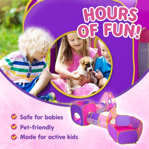 Playz 5pc Children's Playhouse Popup Tents, Tunnels, and Basketball Hoop for Girls, Boys, Babies, Kids and Toddlers with Zipper Storage Case for Indoor & Outdoor Use (Yellow, Pink, Purple)