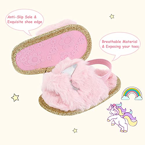 Yinbwol Infant Baby Girls Sandals Elastic Back Strap Flats Slippers Soft Toddles Princess Shoes Faux Fur Slides Shoes First Walker House Shoes (White Unicorn+Pink Unicorn, 3_Months)