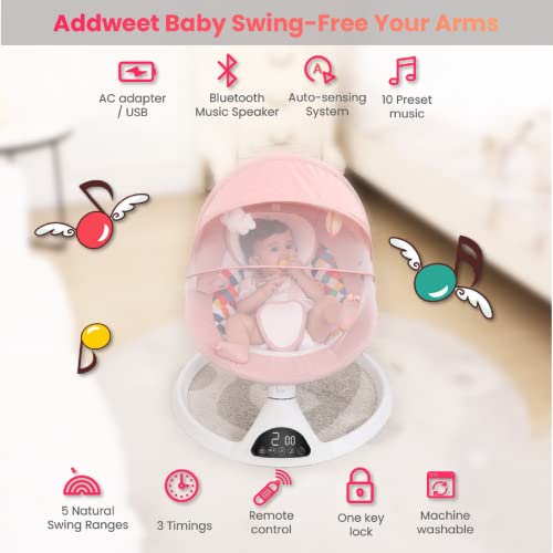 Addweet Baby Swings for Infants, Portable Bluetooth Enabled Baby Rocker with 5 Natural Swing Ranges & 10 Preset Sleep Music, Auto-Sensing Start-Stop System, Remote Control Newborn Swing (Pink)