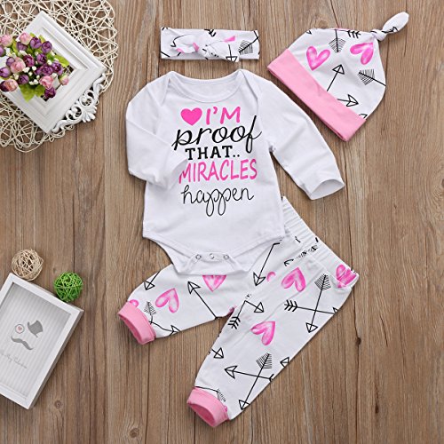 4 pcs Baby Girls Pants Set Newborn Infant Toddler Letter Romper Arrow Heart Pants Hats Headband Clothes (Pink 01, Newborn)