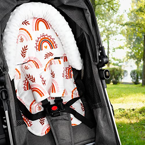 Infant Car Seat Head Support Rainbow Baby Carseat Head Support Cushion & Strap Covers for Newborns Ultra Soft Minky Dot Fabric Perfect for Baby Carseats, Strollers, Swing, and Bouncers