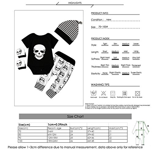 4pcs Newborn Baby Boys Girls Skull Romper+Pants+Hat+Mitten Halloween Outfit Set (0-6 Months, Black+White)