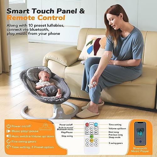 Ezebaby Baby Swings for Infants, Portable Baby Swing for Newborn, with Remote Control, 5 Swing Amplitudes, 3 Seat Positions, 5 Point Harness Belt, Preset Lullabies - Infant Swing for Baby 0-6 Month