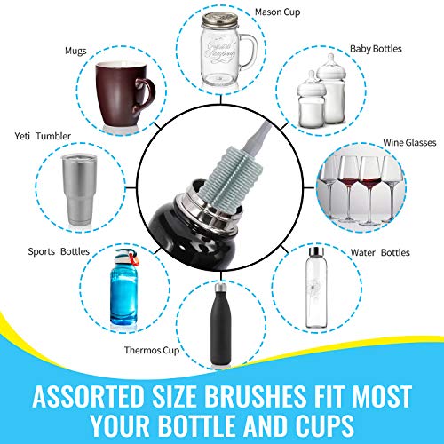14 Silicone Bottle Brush - Cleaning Set for Sports Water Bottle, Baby Bottles, Tumbler, Drinking Glasses, Vase, Bottle Cleaner Compatible with Thermos Hydro Flask Contigo S'well Simple Modern, etc.