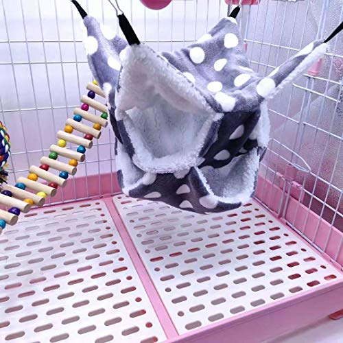 WOWOWMEOW Small Animal Cage Hanging Bunkbed Hammock Warm Fleece Bed for Sugar Glider Ferret Squirrel (Grey-Dots)
