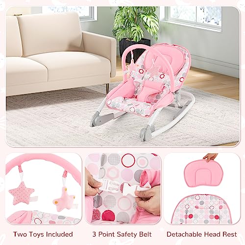 BABY JOY Baby Bouncers for Infants, 2 in 1 Foldable Toddler Bouncy Seat w/Rocker & Stationary Modes, 3-Position Adjustable Backrest, Removable Toy Bar, Portable Bouncer for Babies 0-6 Months (Pink)
