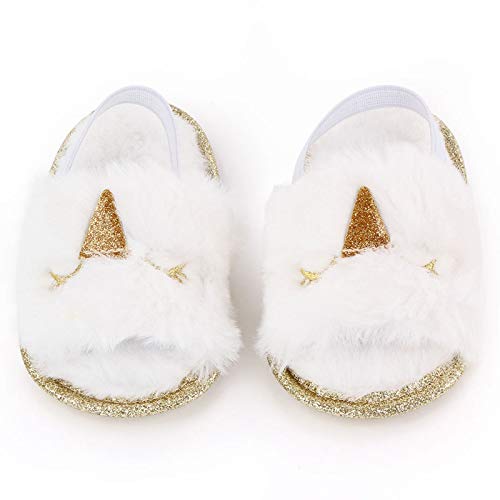 Yinbwol Infant Baby Girls Sandals Elastic Back Strap Flats Slippers Soft Toddles Princess Shoes Faux Fur Slides Shoes First Walker House Shoes (White Unicorn+Pink Unicorn, 3_Months)