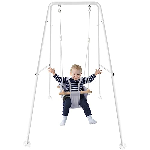 CaTeam - Canvas Baby Swing with Stand, Wooden Hanging Swing Seat Chair with Safety Belt, Durable Baby Hammock Chair, Outdoor and Indoor Swing for Kids, Gray