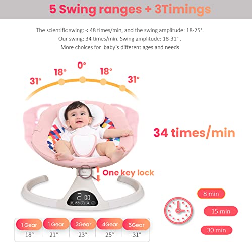 Addweet Baby Swings for Infants, Portable Bluetooth Enabled Baby Rocker with 5 Natural Swing Ranges & 10 Preset Sleep Music, Auto-Sensing Start-Stop System, Remote Control Newborn Swing (Pink)