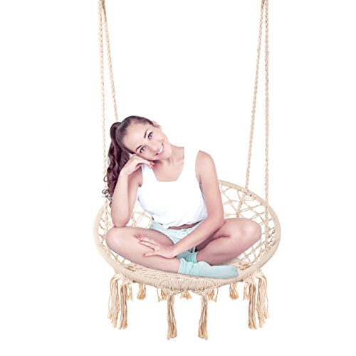 E EVERKING Hammock Chair Macrame Swing, Hanging Cotton Rope Macrame Hammock Swing Chair for Indoor, Outdoor Home, Patio, Porch, Deck, Yard, Garden, Max Weight: 260 Pounds (Beige)