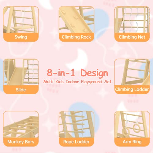 Toddler Climbing Toys Indoor, 66inch Indoor Jungle Gym, 8-in-1 Wooden Indoor Playground Set with Swing, Rock Climb Wall, Slide, Monkey Bars, Wood & Rope Ladder, Rope Wall Ladder for Kids 1-8yrs