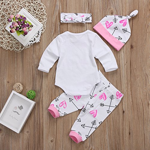 4 pcs Baby Girls Pants Set Newborn Infant Toddler Letter Romper Arrow Heart Pants Hats Headband Clothes (Pink 01, Newborn)