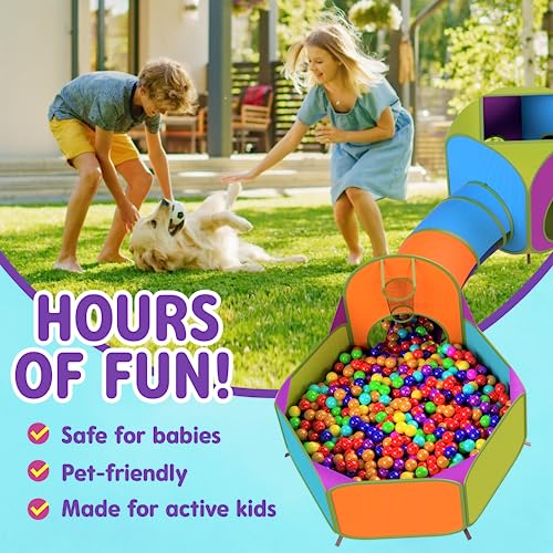 Playz 5-Piece Kids Pop up Play Tent Crawl Tunnel and Ball Pit with Basketball Hoop Playhouse for Boys, Girls, Babies, and Toddlers (Purple, Orange, Yellow, Red, Blue)