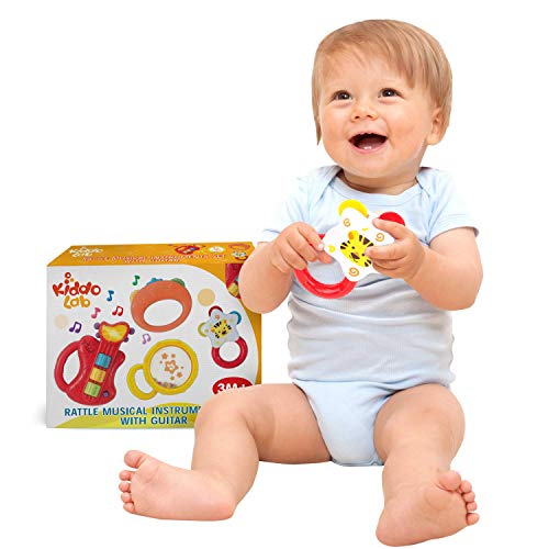 KiddoLab Baby Rocker Musical Kids Guitar Instruments Set with Electric Toy Guitar and Rattles. Baby Guitar Toys for Early Development and Music Educational Learning. 3 Months and Older