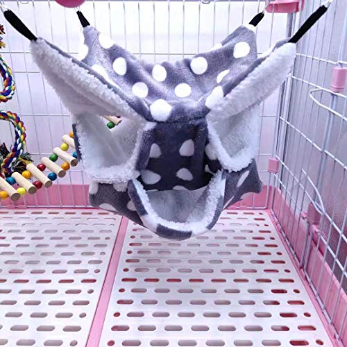 WOWOWMEOW Small Animal Cage Hanging Bunkbed Hammock Warm Fleece Bed for Sugar Glider Ferret Squirrel (Grey-Dots)
